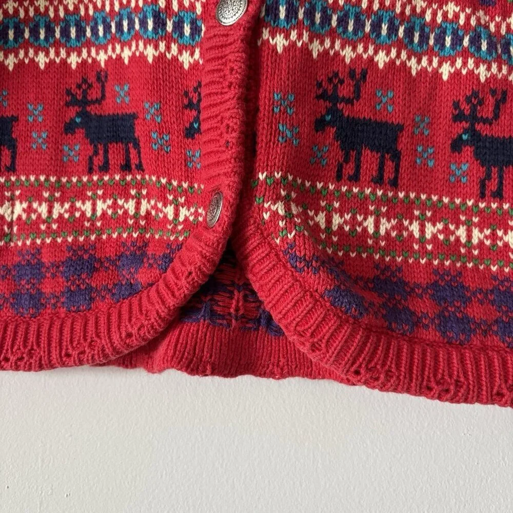 Vintage GAP Kids Fair Isle Cardigan Red Sweater XS Moose Tree Scandi 100% Cotton